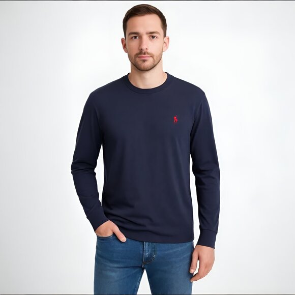 Polo Ralph Lauren Long Sleeve Cotton Classic Fit Tee Navy Red Pony Logo M - Picture 3 of 12